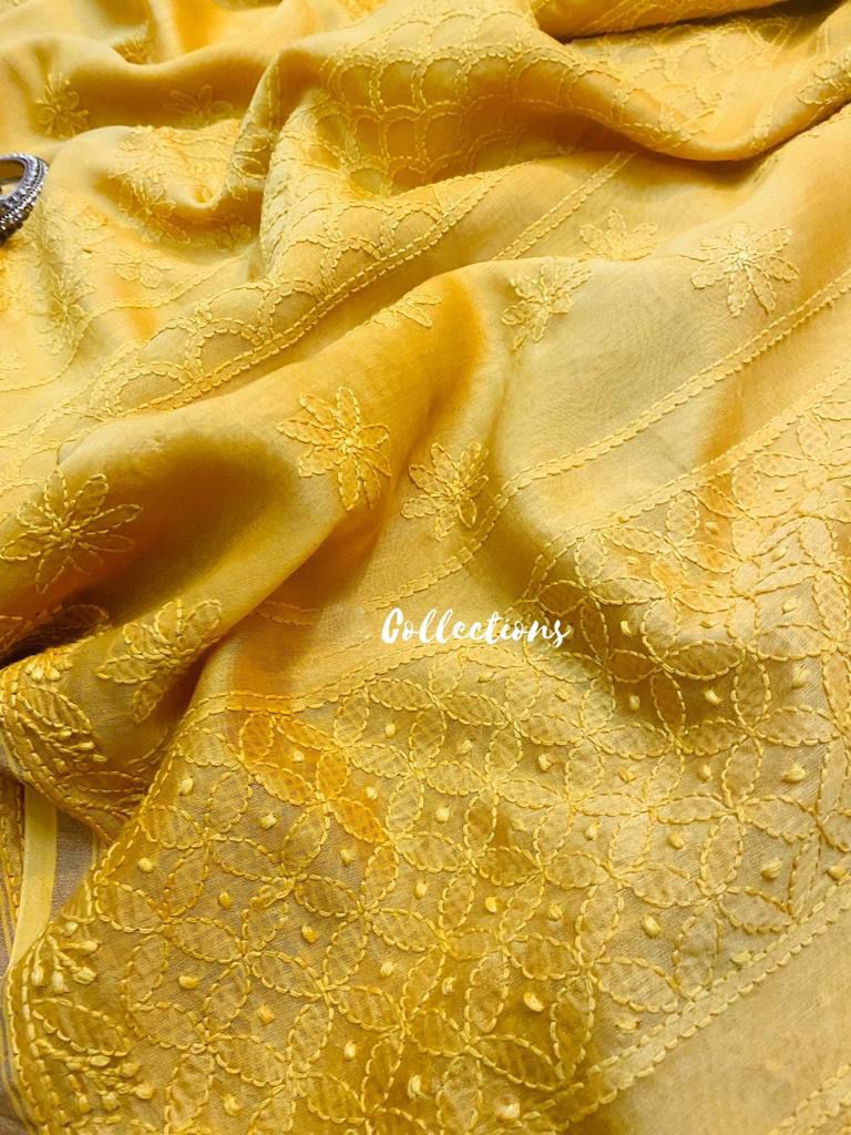 Lemon Chanderi chikankari handwoven saree