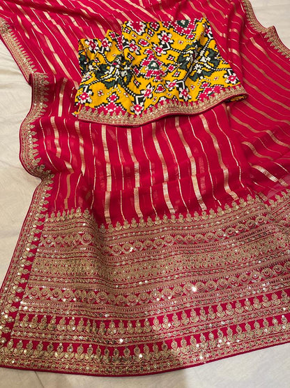 Red Patola striped gorgette saree