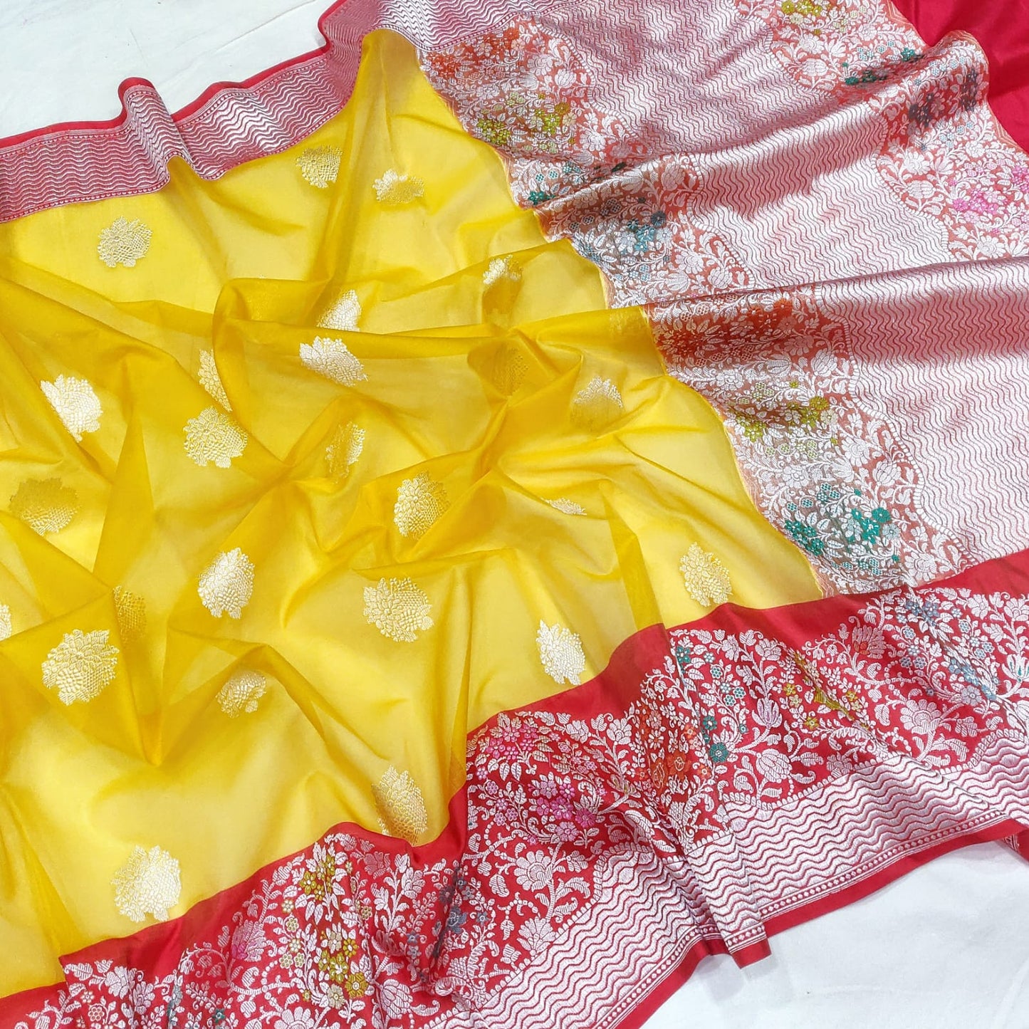 Yellow Katan handwoven kadwa saree