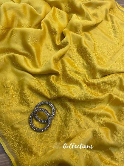 Lemon Chanderi chikankari handwoven saree