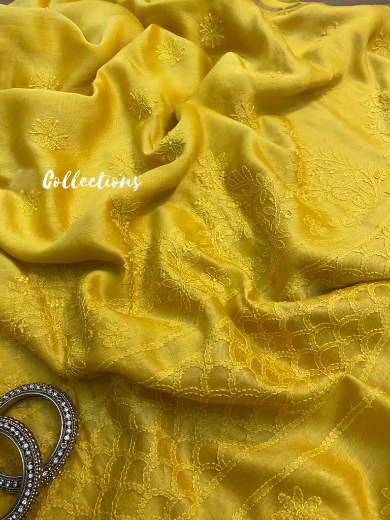 Lemon Chanderi chikankari handwoven saree