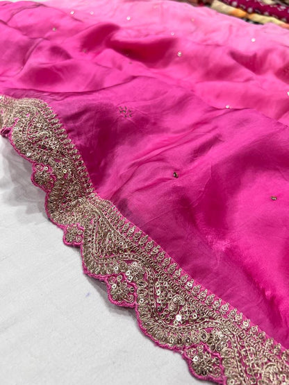Pink shaded satin organza saree