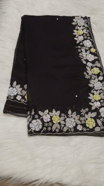 Sequins black hot organza saree