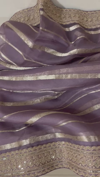 Striping kora Banarasi saree