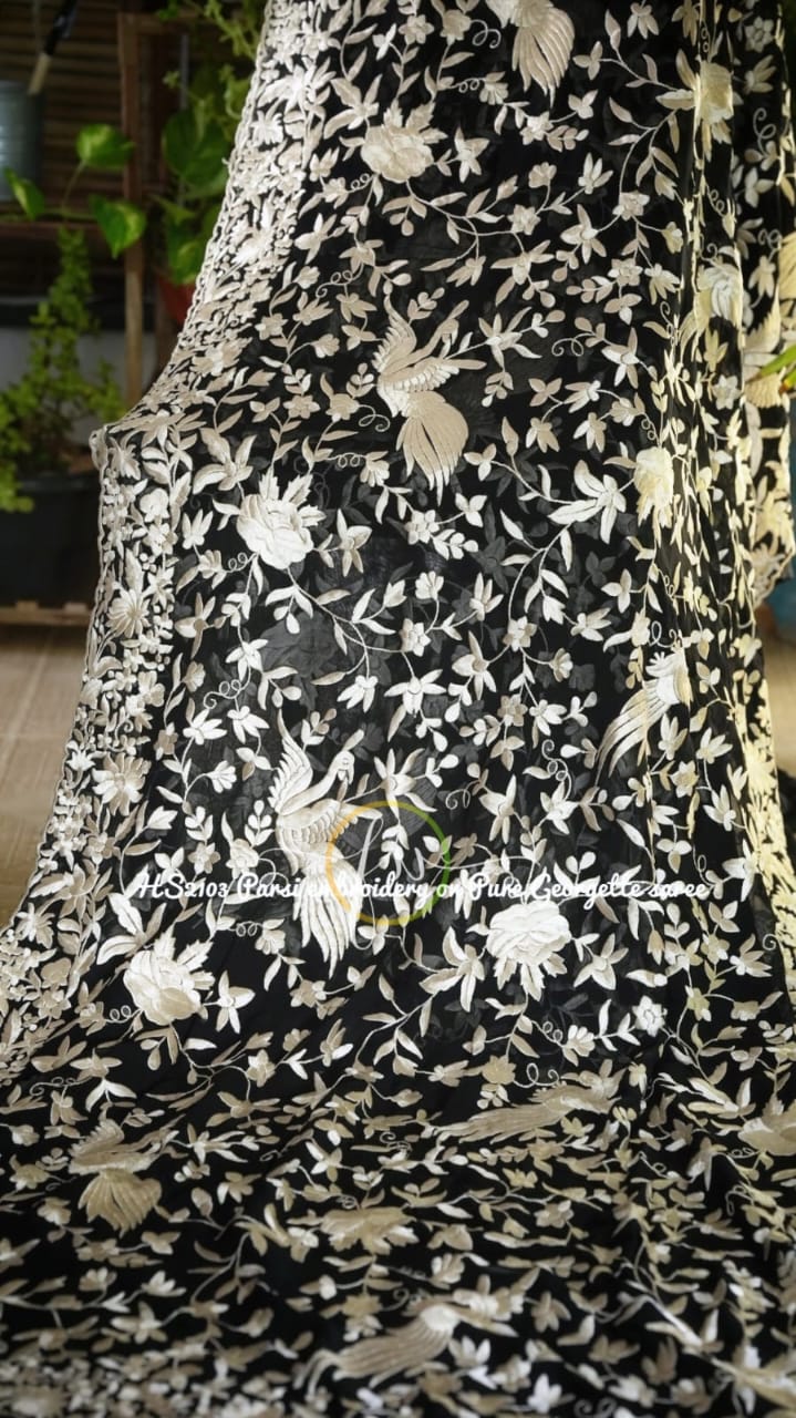 Black Parsi gorgette sari