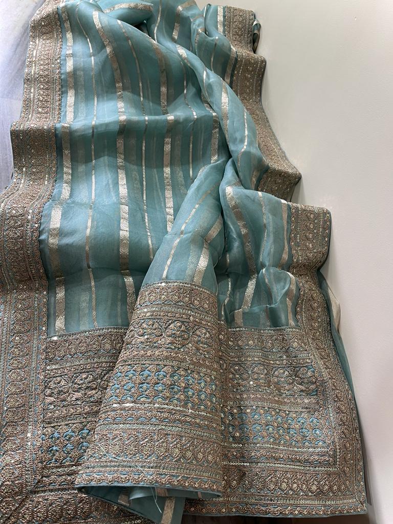 Striping kora Banarasi saree