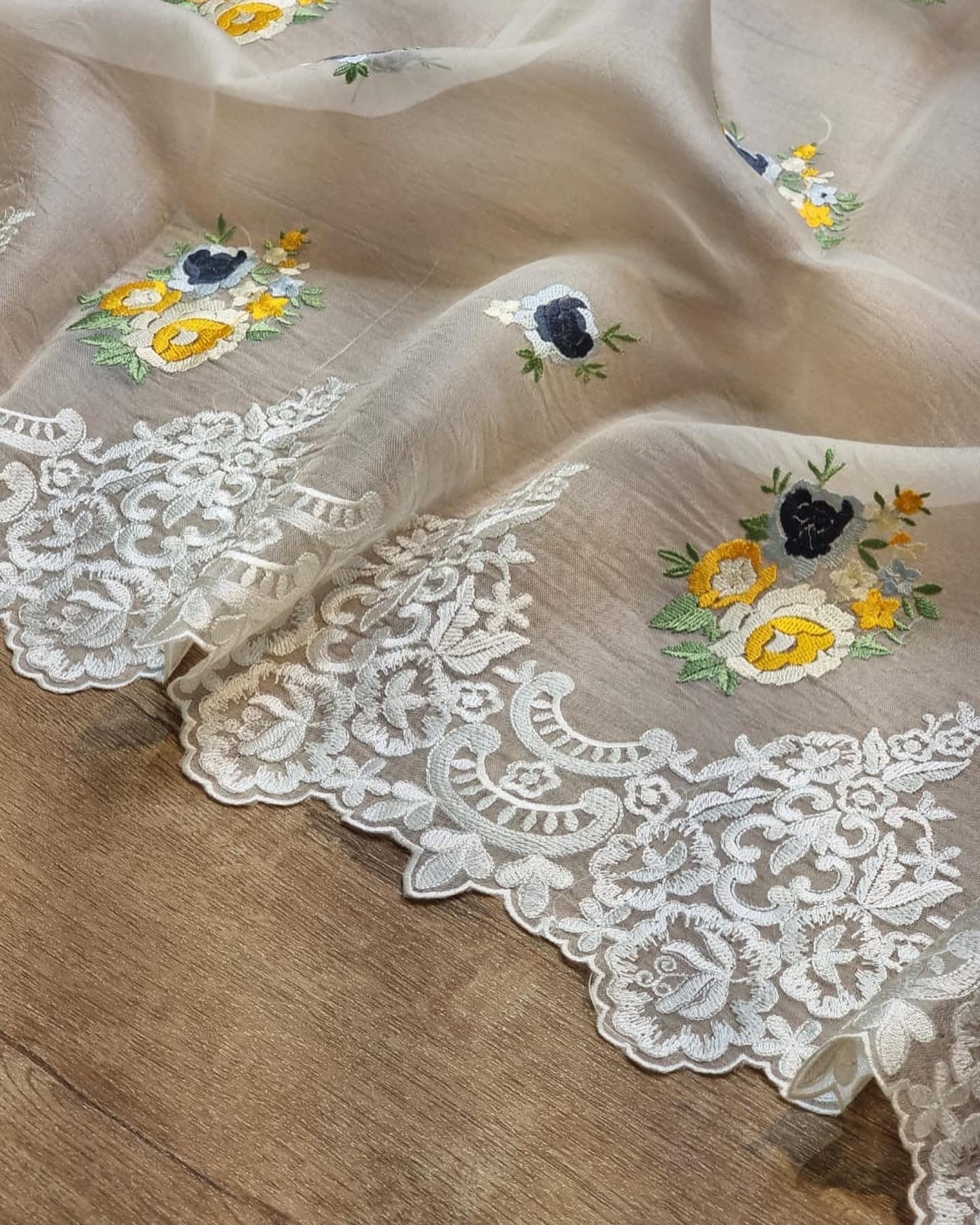 Scalloped embroidery cutwork saree