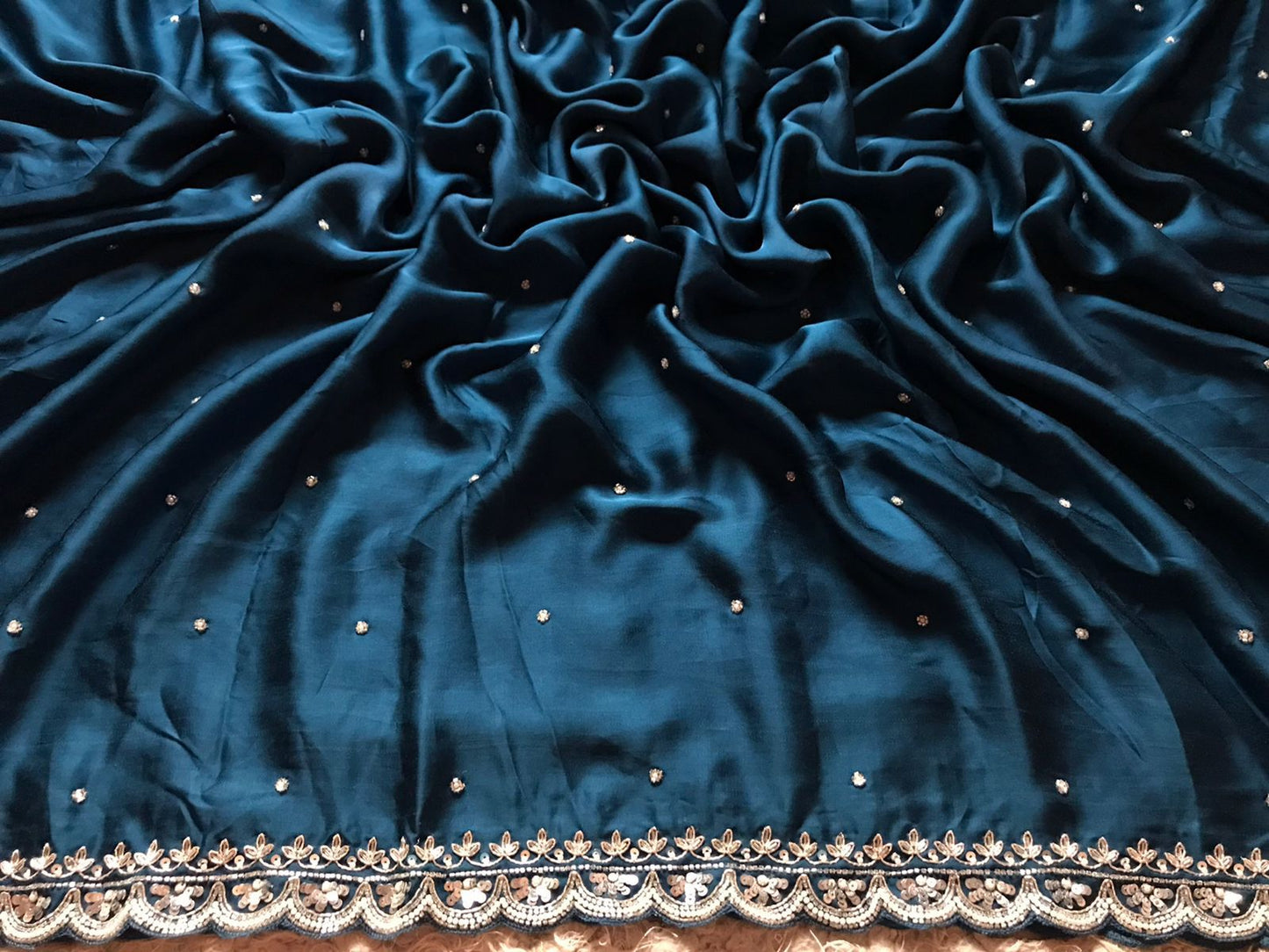 Teal blue satin saree