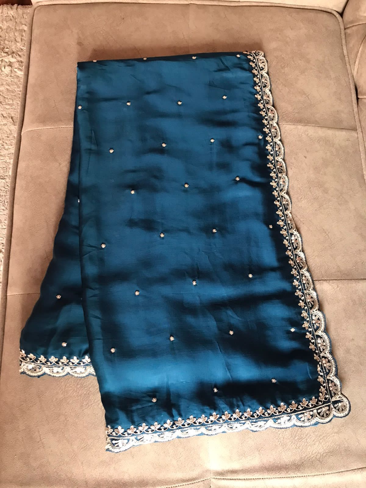 Teal blue satin saree