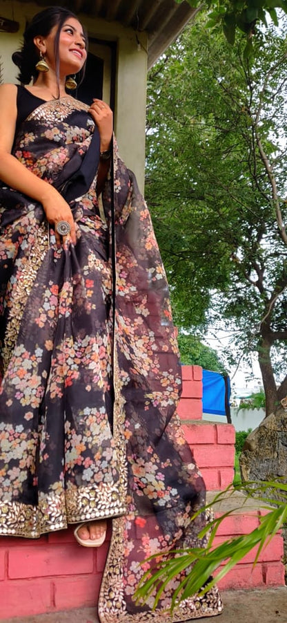 Floral black gottapatti organza saree