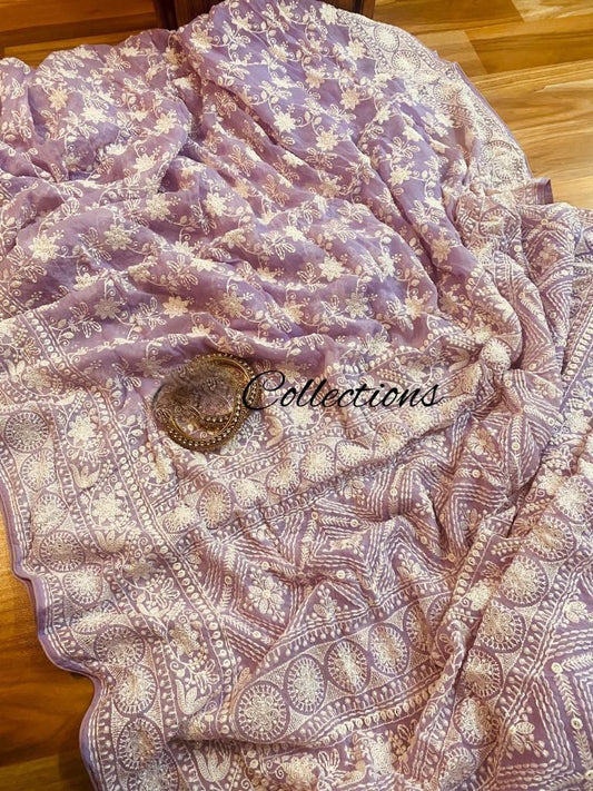 Lavender gorgette chikankari saree