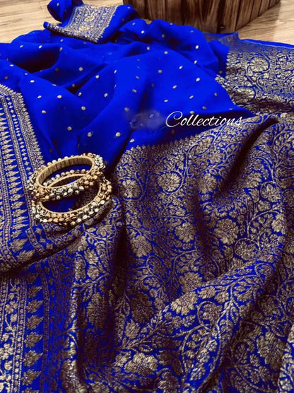 Blue antique inspired gorgette saree