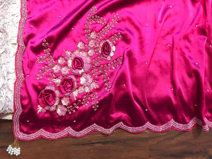 Premium pink satin silk luxury saree