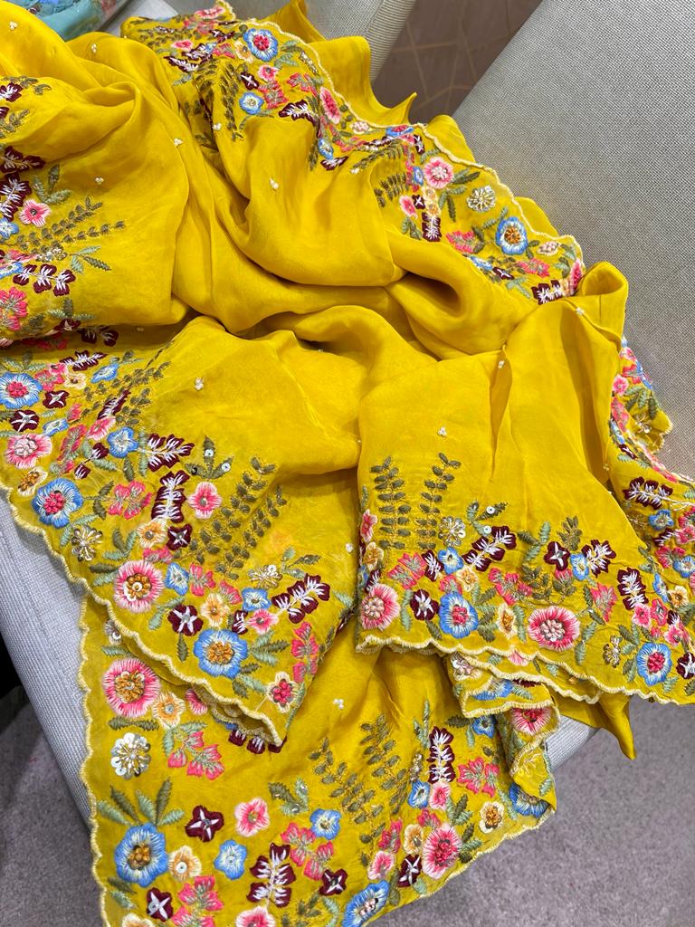 Tulip embroidery organza saree