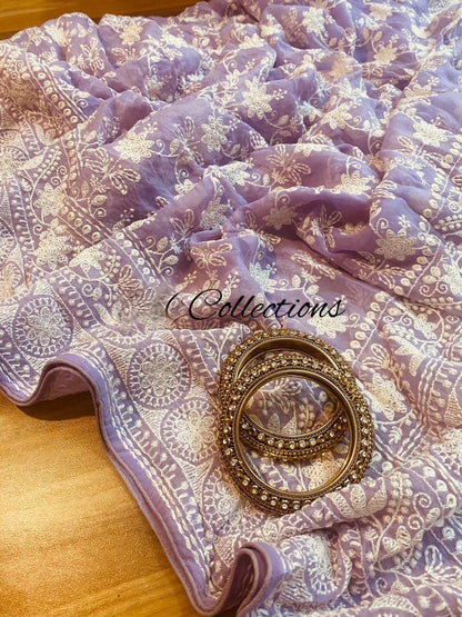Lavender gorgette chikankari saree