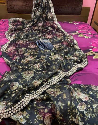 Black floral organza saree