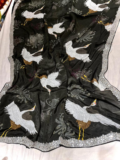 Bird inspired crepe saree