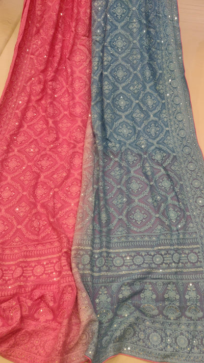 Dual shaded chikankari gorgette saree