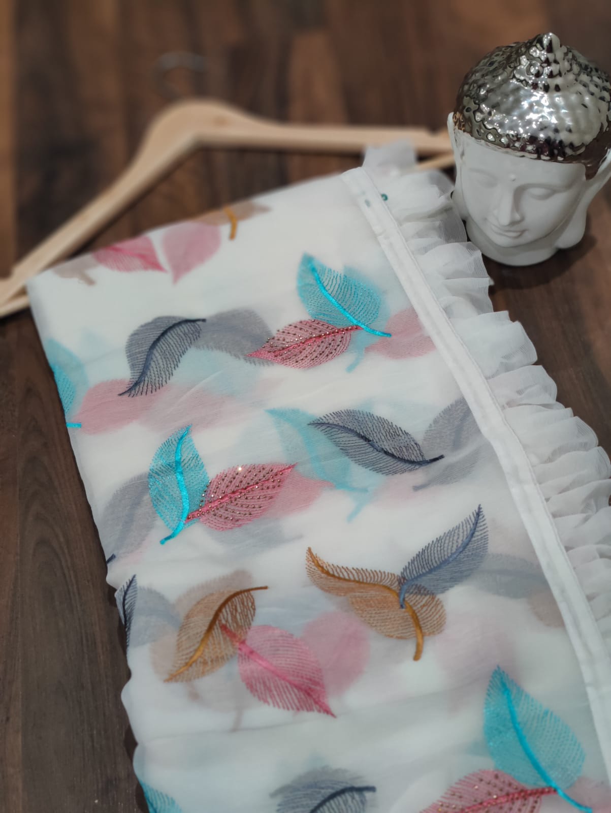 Ruffle chinon saree