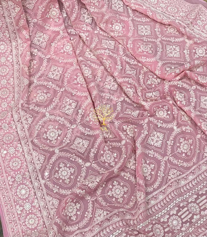 Pinkmania chikankari gorgette saree