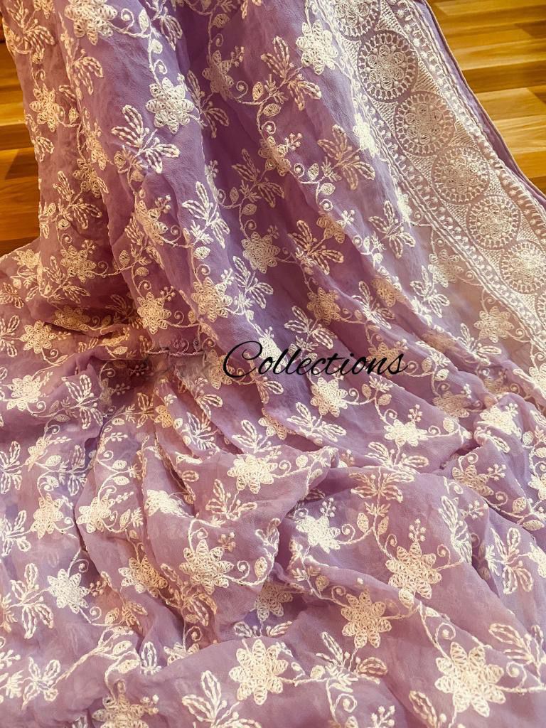 Lavender gorgette chikankari saree