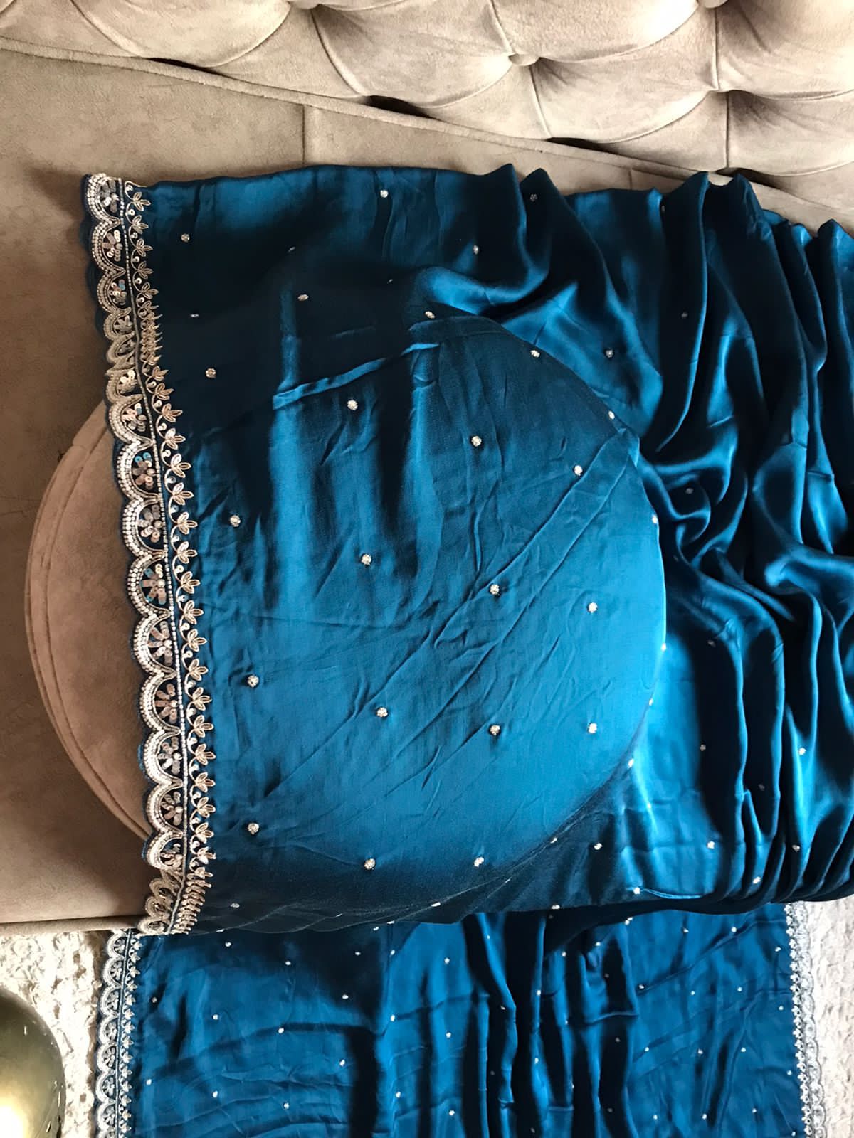 Teal blue satin saree