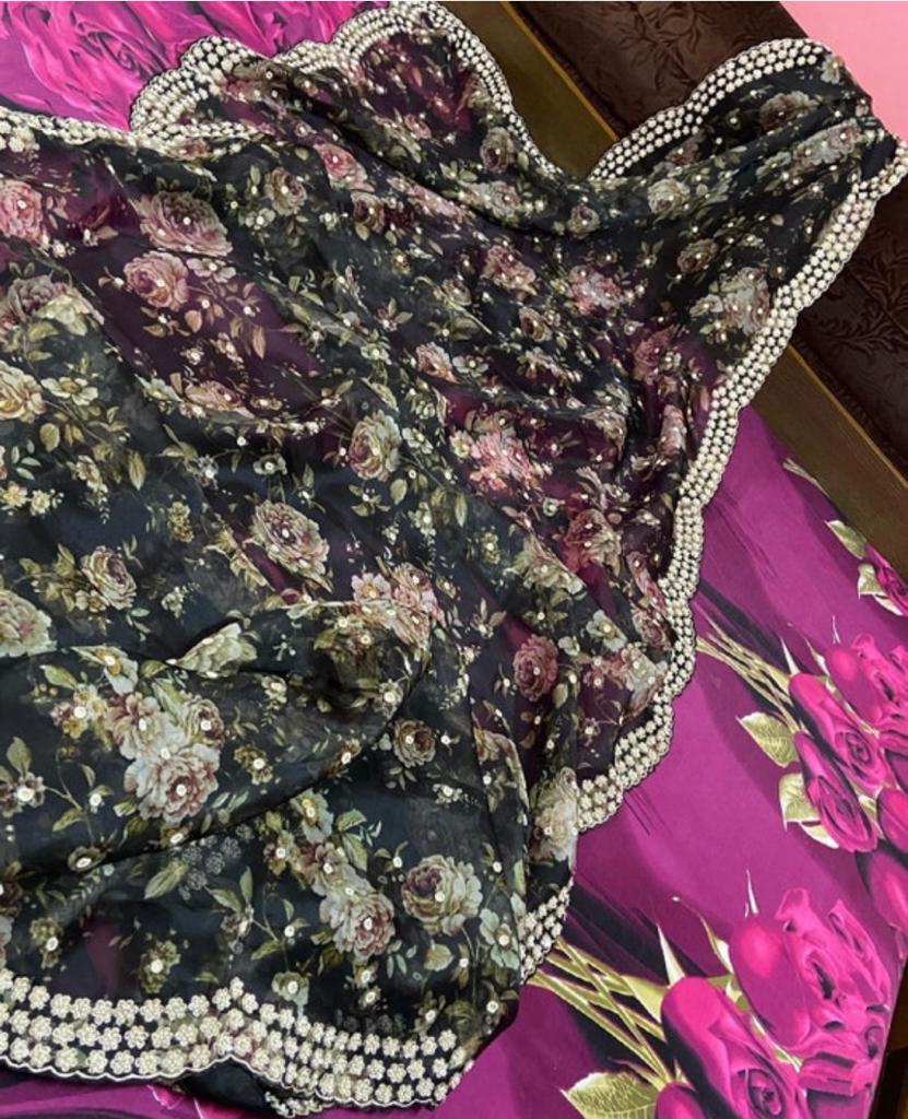 Black floral organza saree