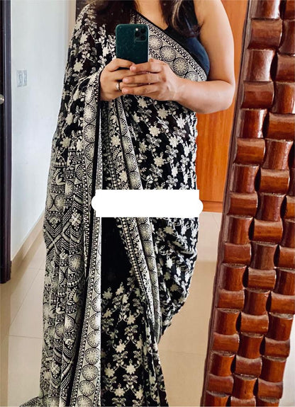 Black chikankari gorgette saree