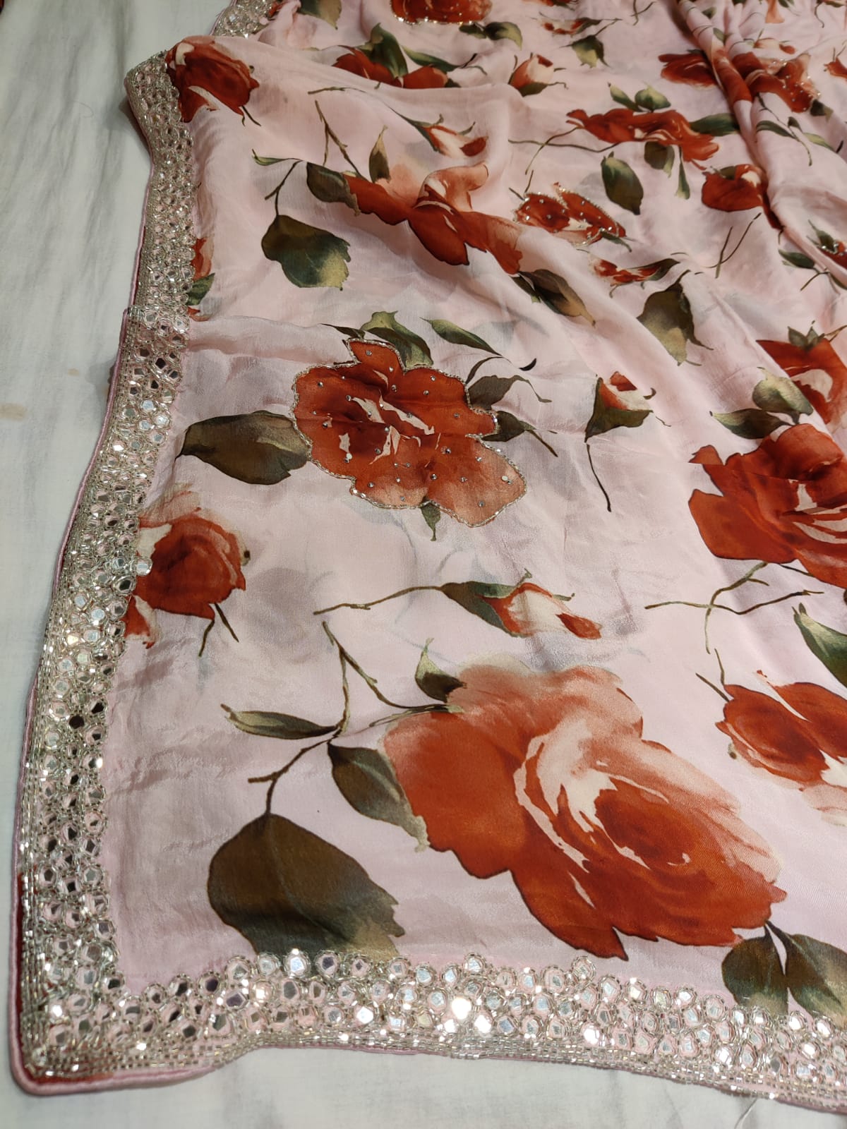 Floral crepe zardosi saree