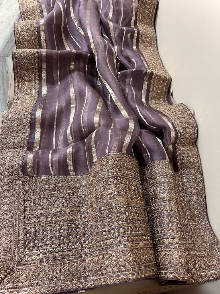 Striping kora Banarasi saree