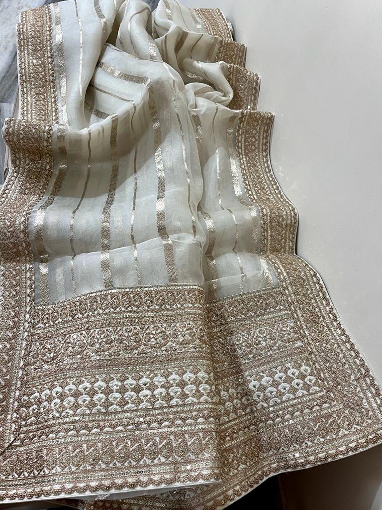 Striping kora Banarasi saree