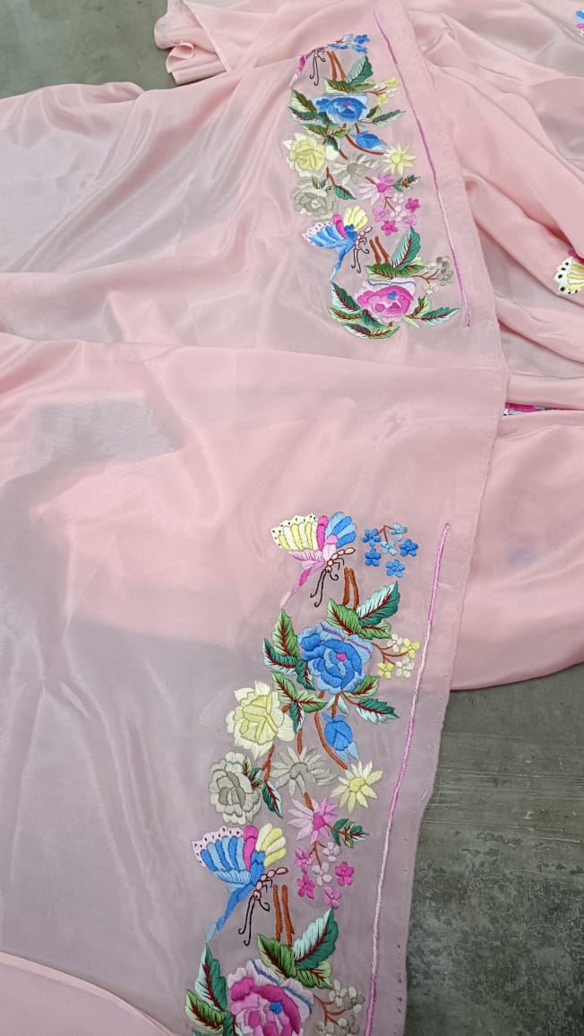 Pink embroidered Parsi Gara saree