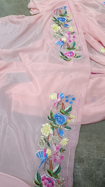 Pink embroidered Parsi Gara saree