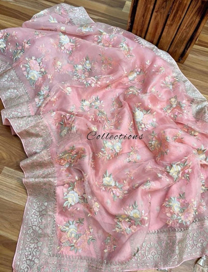 Pink floral organza sares