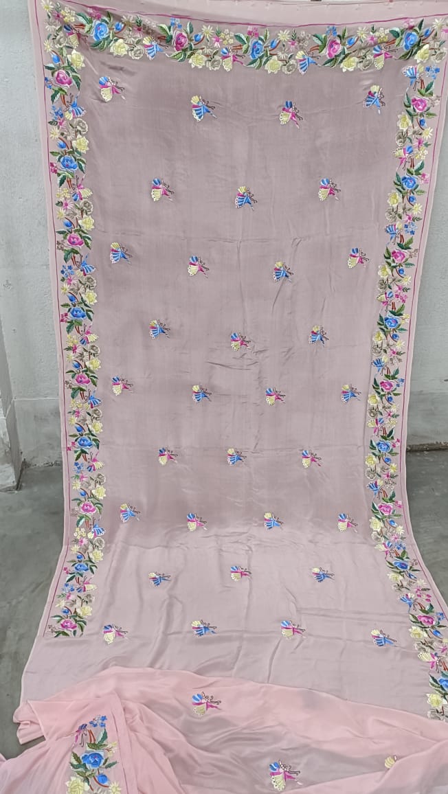 Pink embroidered Parsi Gara saree