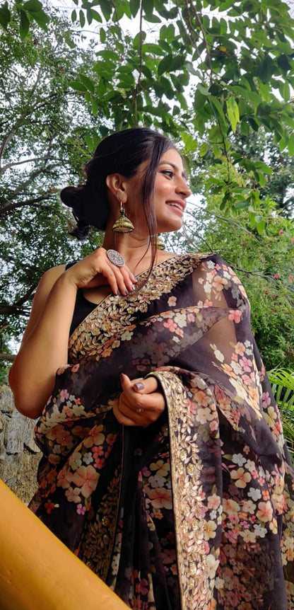 Floral black gottapatti organza saree
