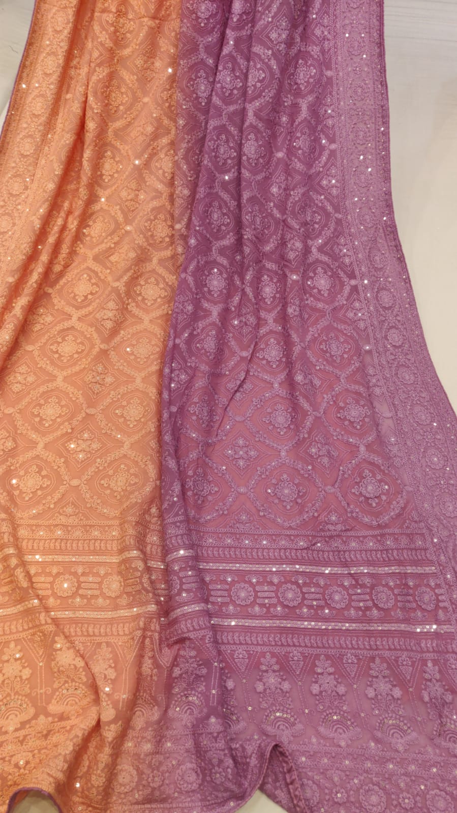 Dual shaded chikankari gorgette saree