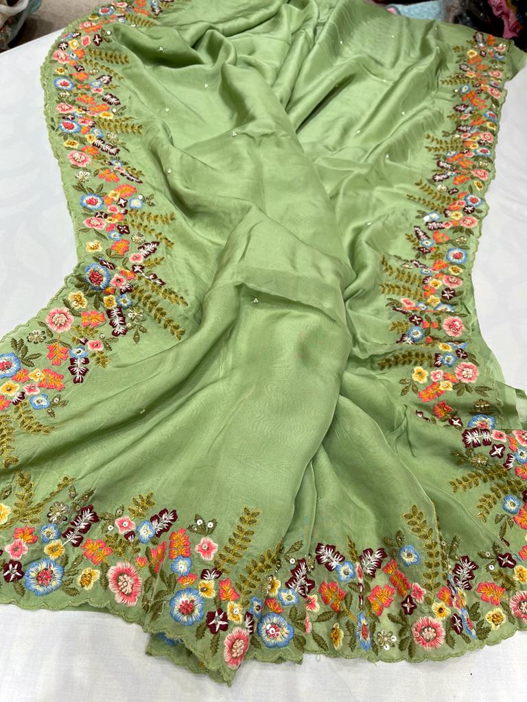Tulip embroidery organza saree