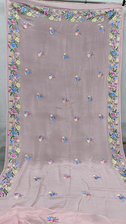Pink embroidered Parsi Gara saree