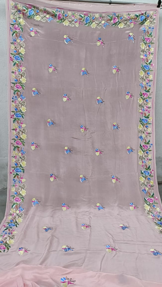 Pink embroidered Parsi Gara saree