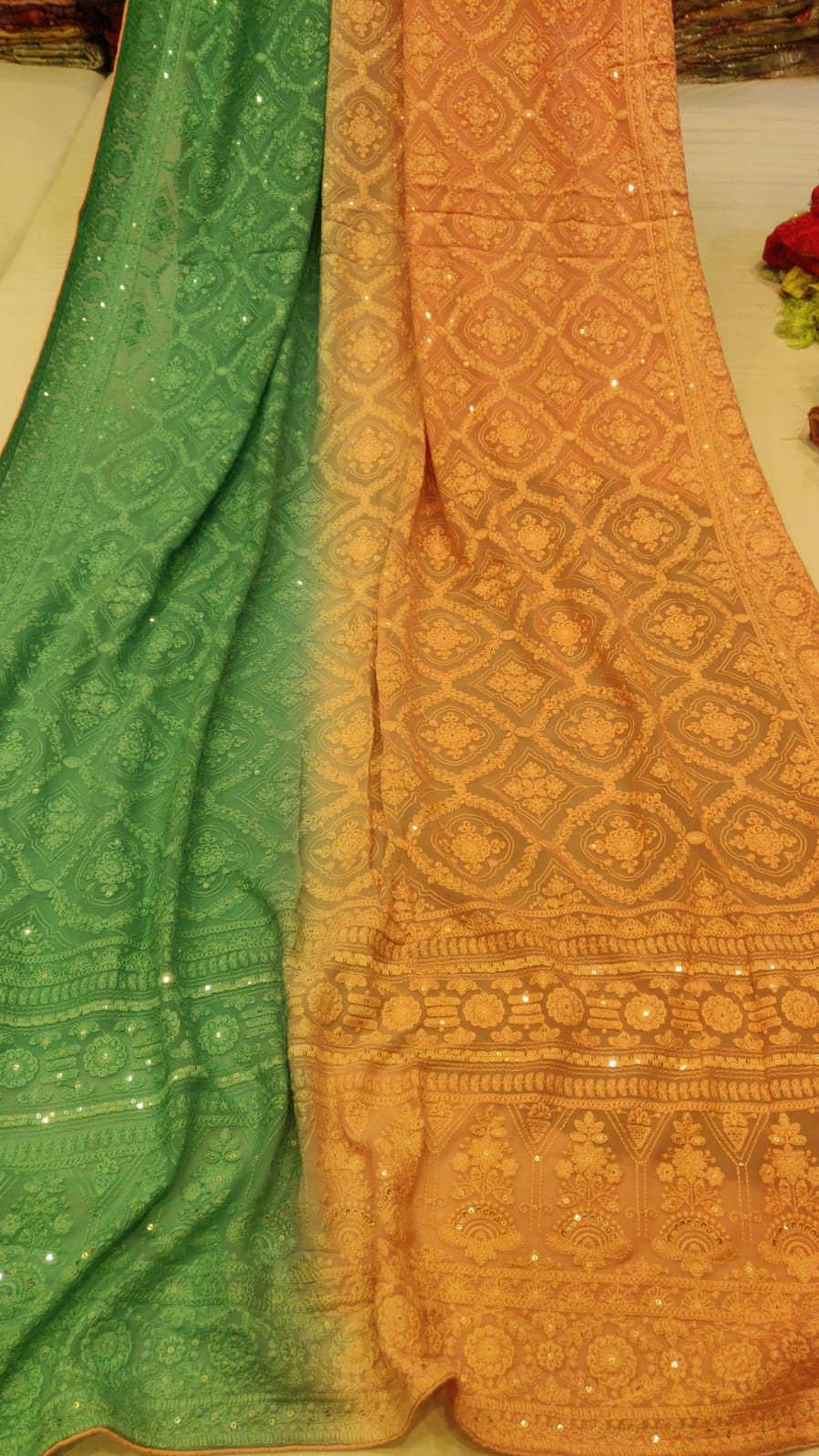 Dual shaded chikankari gorgette saree