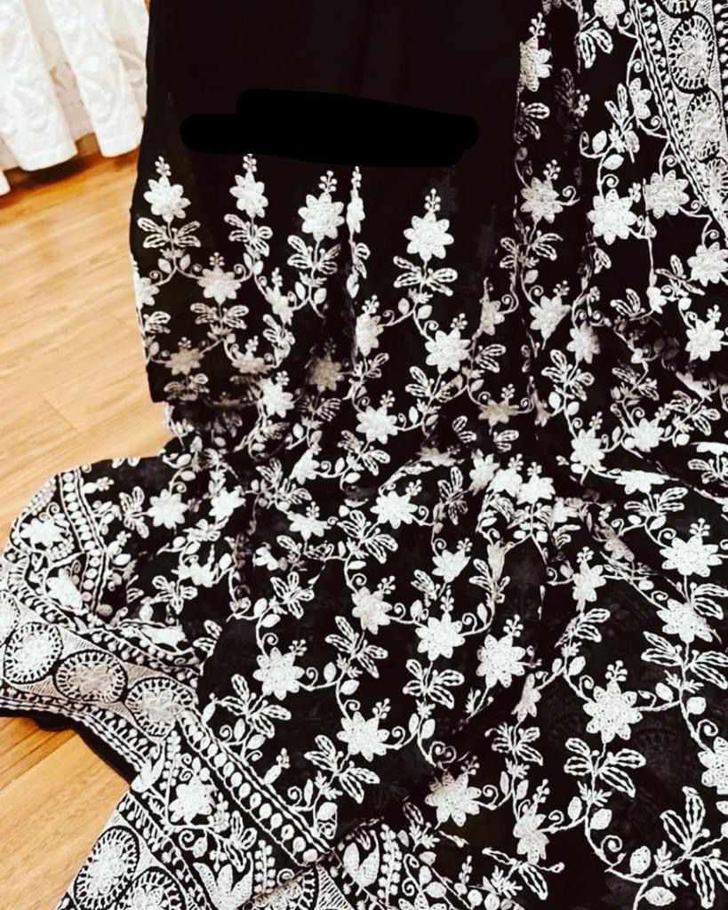 Black chikankari gorgette saree
