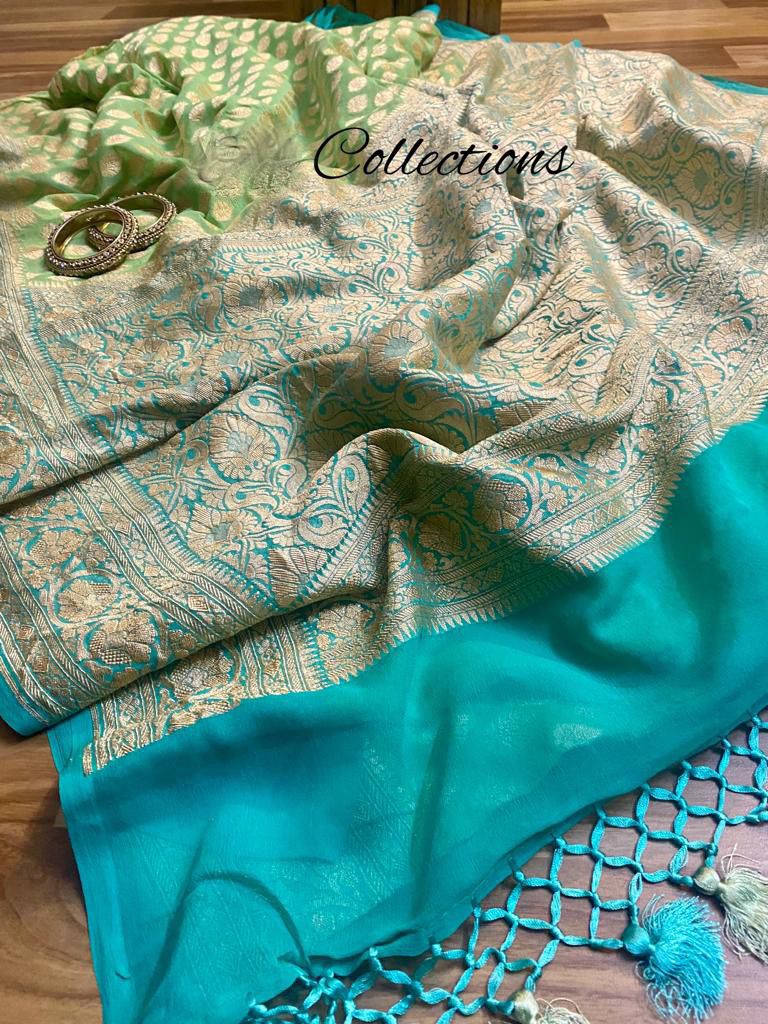Shaded green khaddi gorgette saree