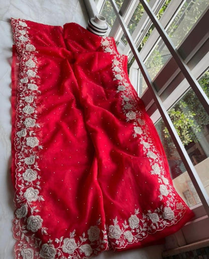 Red pearl saree