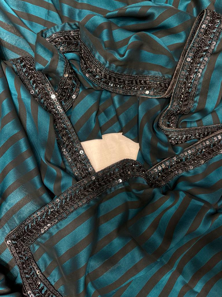 Striped sexy zardosi gorgette saree
