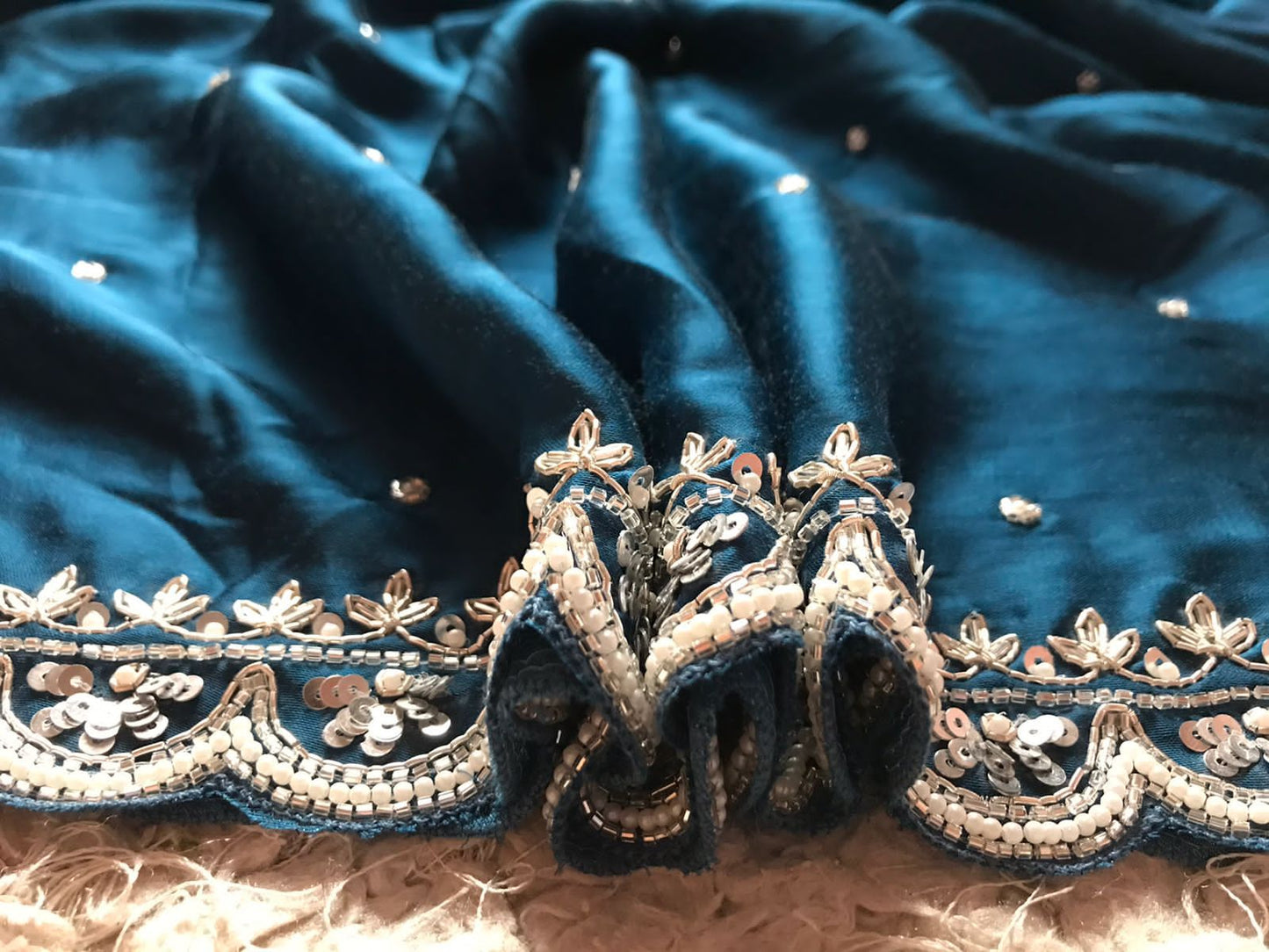 Teal blue satin saree