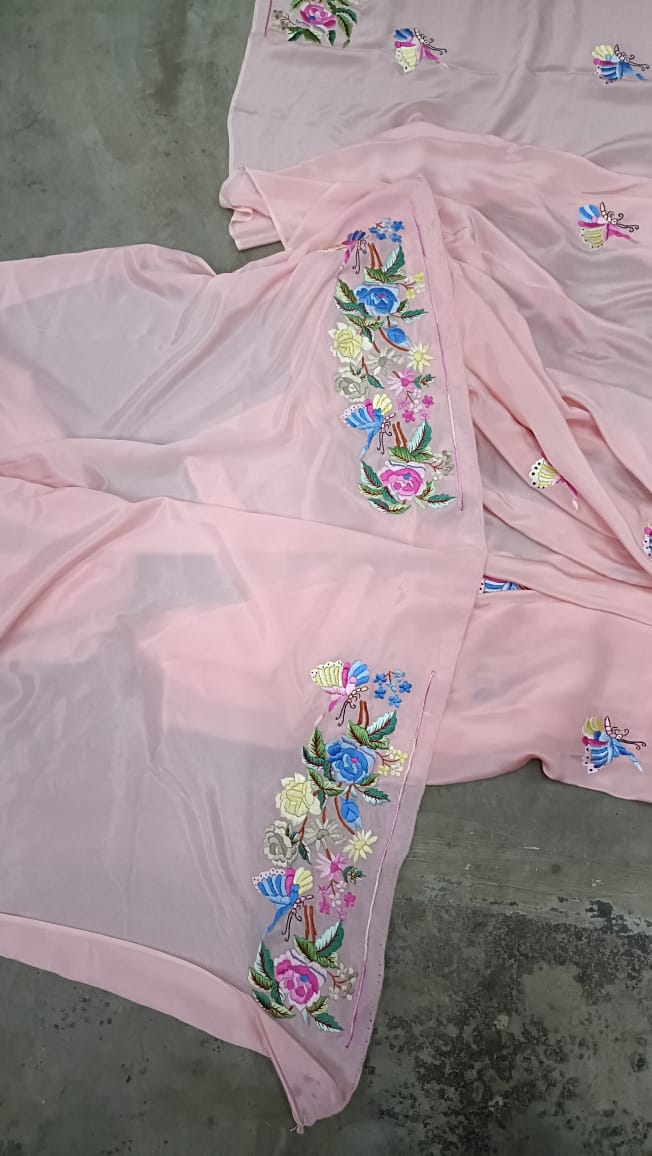 Pink embroidered Parsi Gara saree
