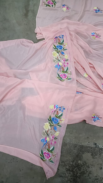 Pink embroidered Parsi Gara saree