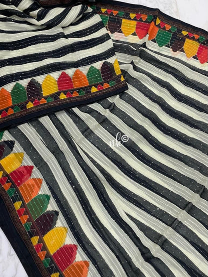Striped gorgette sequins saree
