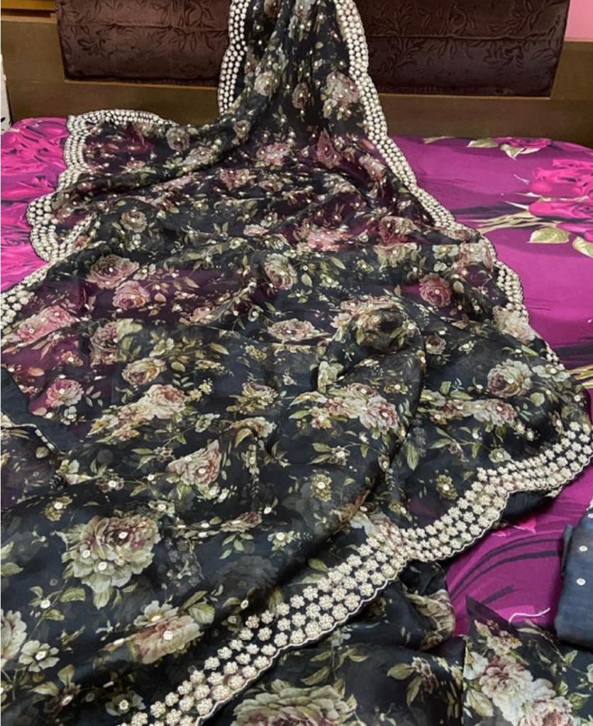 Black floral organza saree